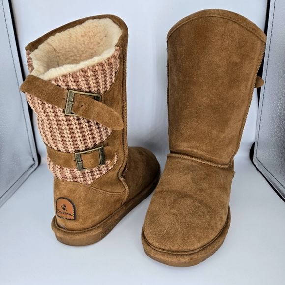 BearPaw Boshie Boots Brown Suede Knit Detail Light Hickory Women's size 8 - Picture 1 of 11